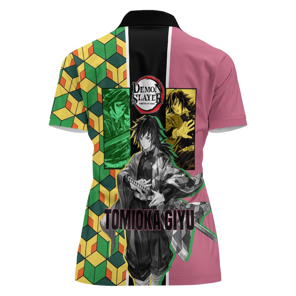 Giyu Tomioka from Demon Slayer Women Polo Shirt with Geometric Pattern Sleeve and Pink and Black Manga Panel Design - The Mazicc