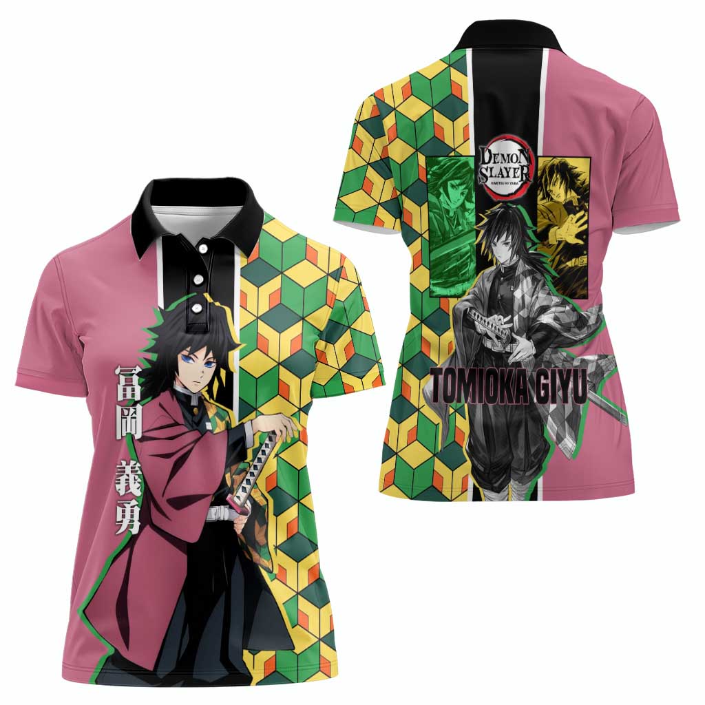 Giyu Tomioka from Demon Slayer Women Polo Shirt with Geometric Pattern Sleeve and Pink and Black Manga Panel Design - The Mazicc