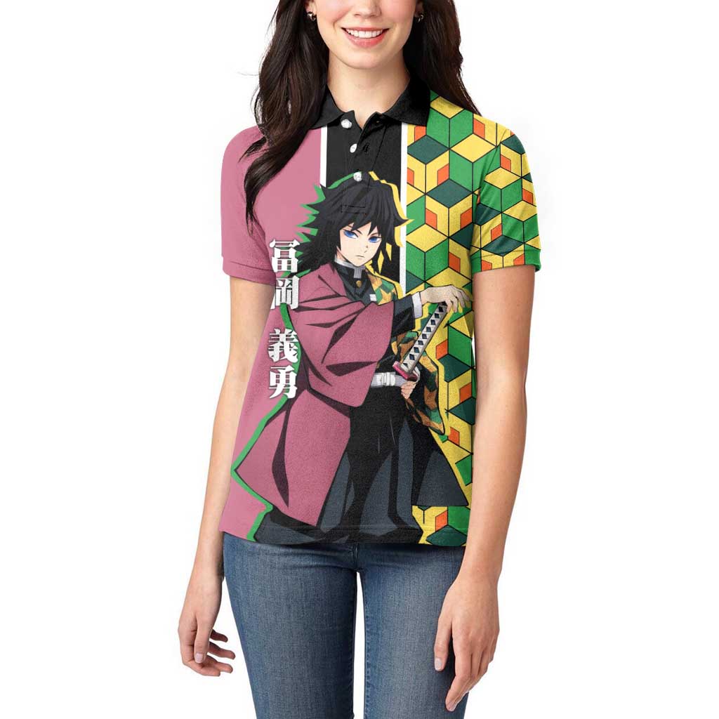 Giyu Tomioka from Demon Slayer Women Polo Shirt with Geometric Pattern Sleeve and Pink and Black Manga Panel Design - The Mazicc
