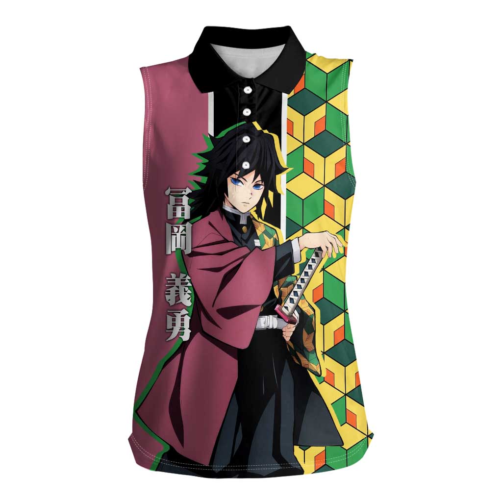 Giyu Tomioka from Demon Slayer Women Sleeveless Polo Shirt with Geometric Pattern Sleeve and Pink and Black Manga Panel Design - The Mazicc