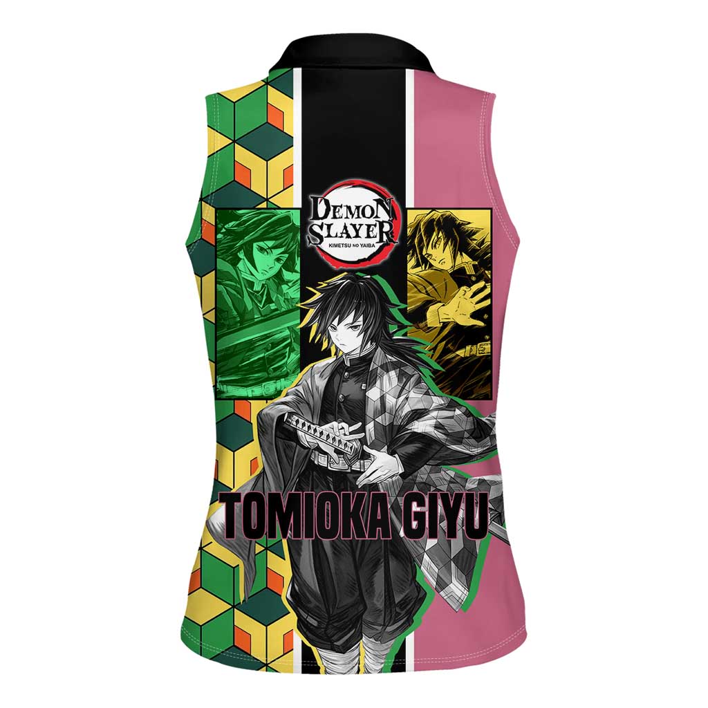 Giyu Tomioka from Demon Slayer Women Sleeveless Polo Shirt with Geometric Pattern Sleeve and Pink and Black Manga Panel Design - The Mazicc