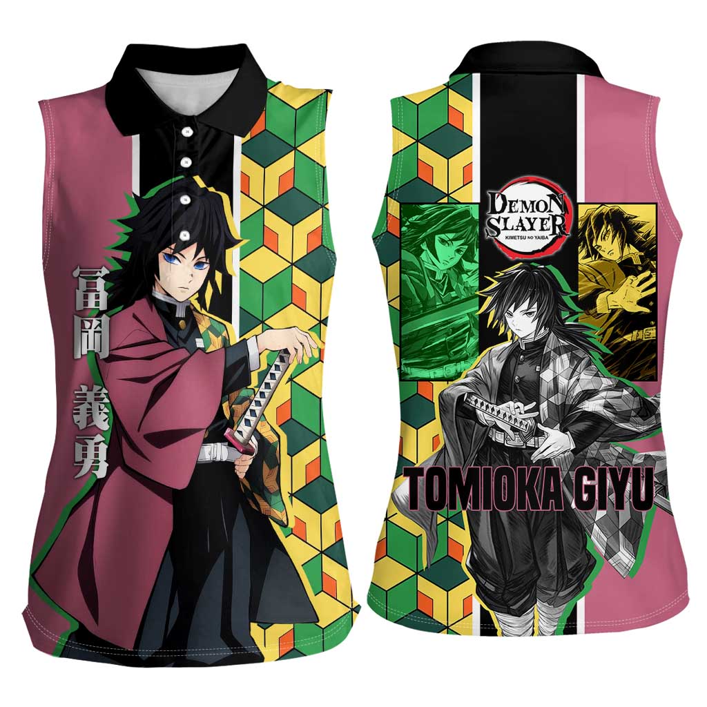 Giyu Tomioka from Demon Slayer Women Sleeveless Polo Shirt with Geometric Pattern Sleeve and Pink and Black Manga Panel Design - The Mazicc