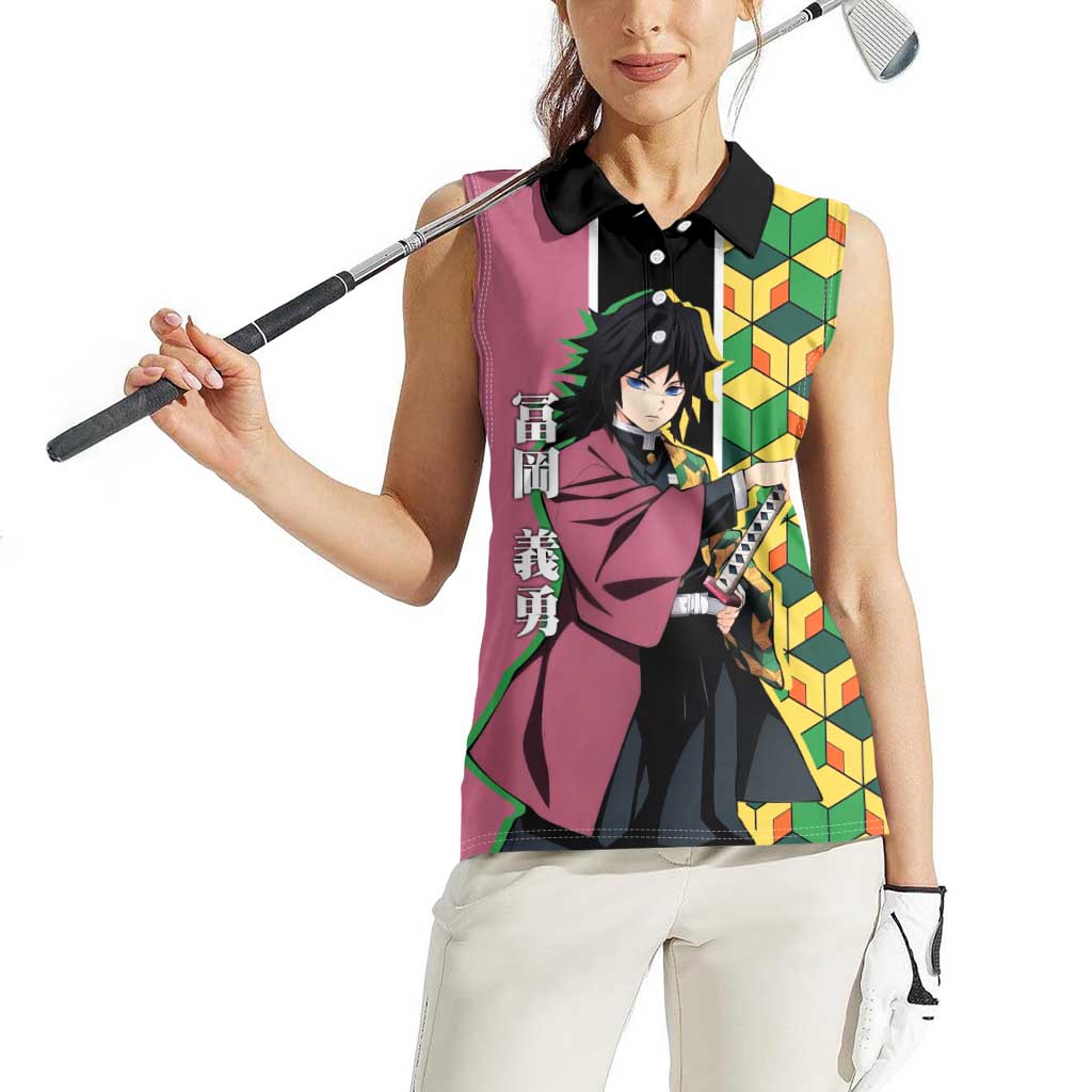 Giyu Tomioka from Demon Slayer Women Sleeveless Polo Shirt with Geometric Pattern Sleeve and Pink and Black Manga Panel Design - The Mazicc
