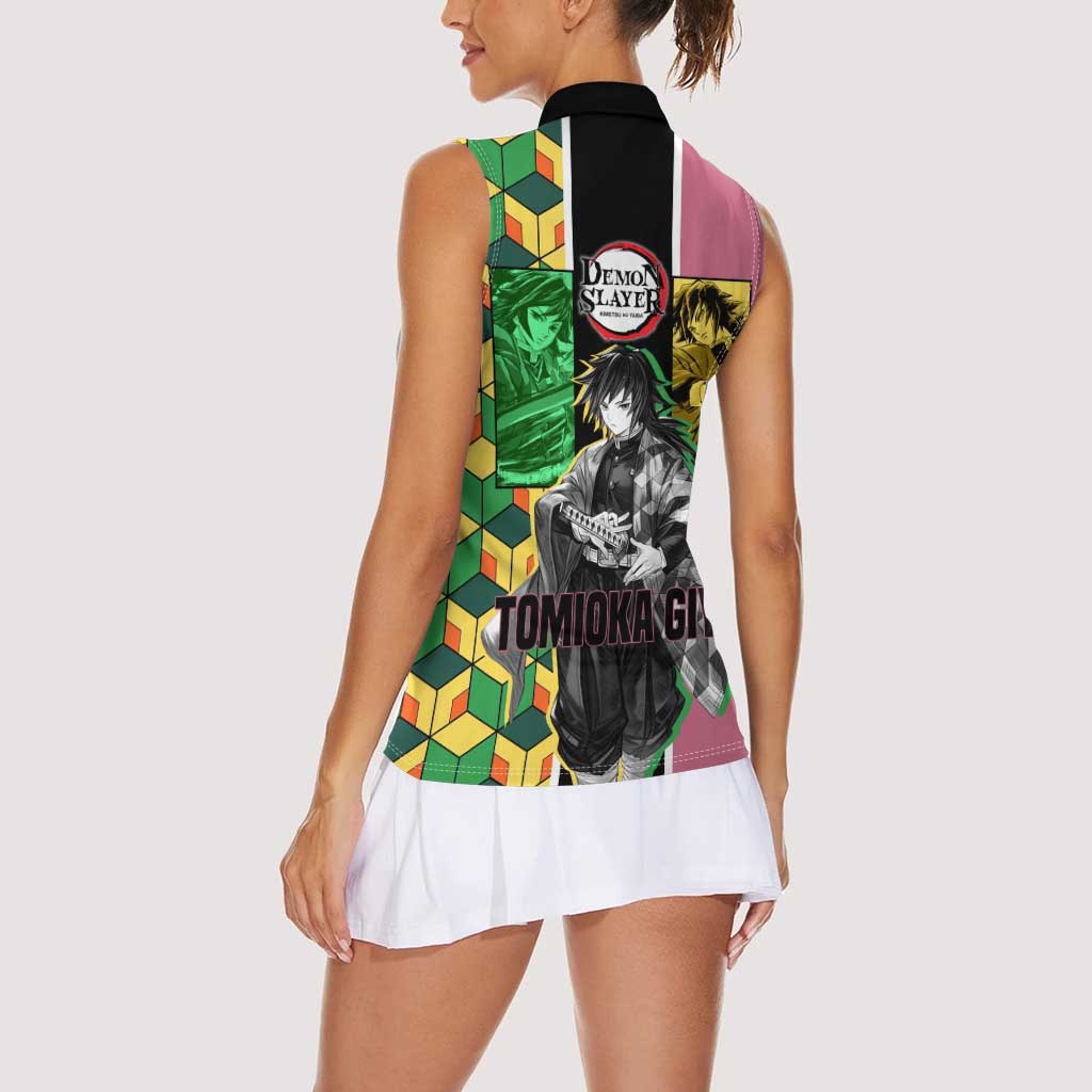 Giyu Tomioka from Demon Slayer Women Sleeveless Polo Shirt with Geometric Pattern Sleeve and Pink and Black Manga Panel Design - The Mazicc