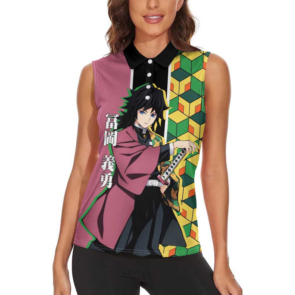 Giyu Tomioka from Demon Slayer Women Sleeveless Polo Shirt with Geometric Pattern Sleeve and Pink and Black Manga Panel Design - The Mazicc