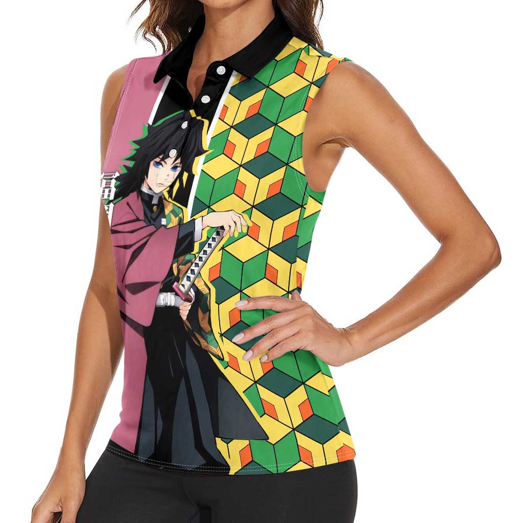 Giyu Tomioka from Demon Slayer Women Sleeveless Polo Shirt with Geometric Pattern Sleeve and Pink and Black Manga Panel Design - The Mazicc