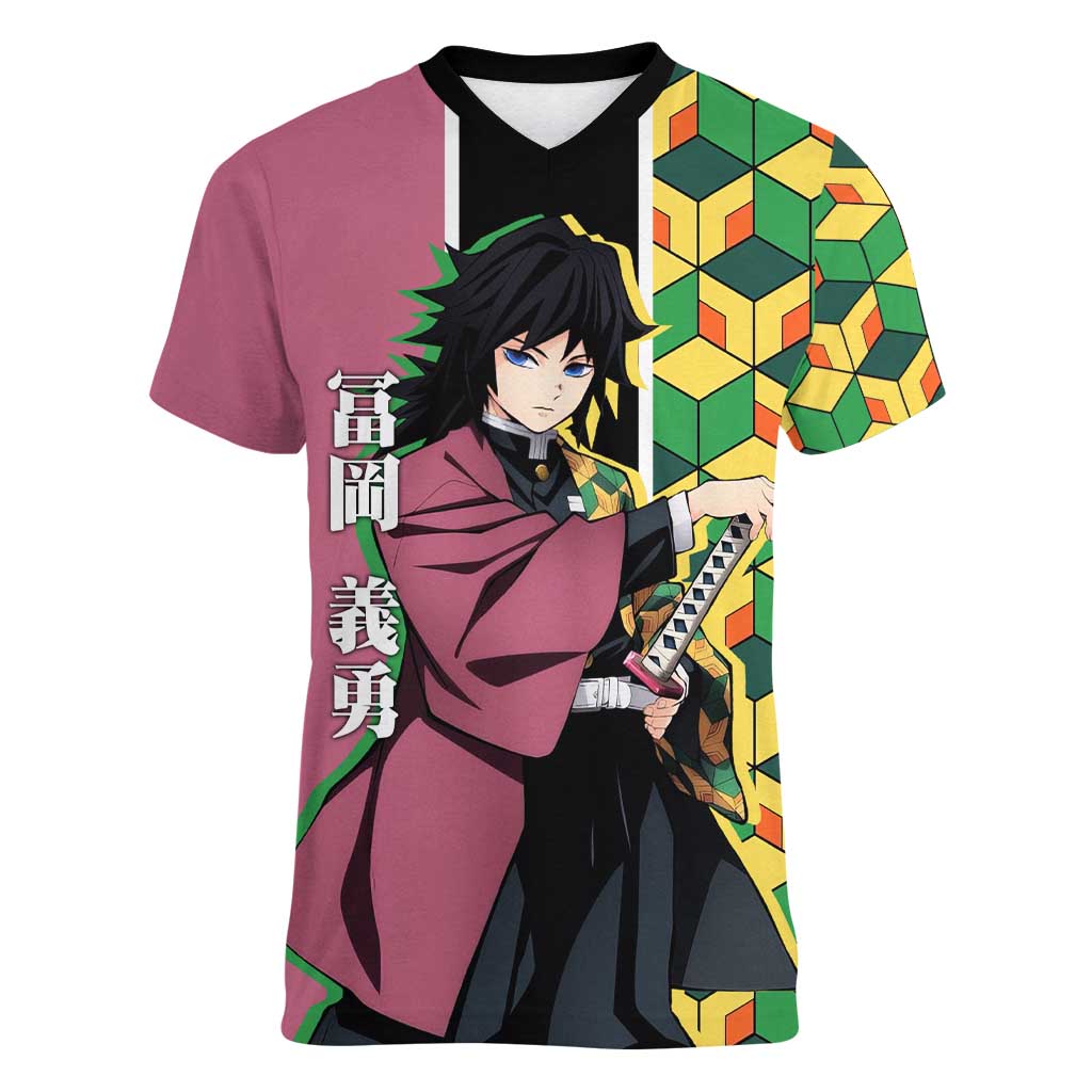 Giyu Tomioka from Demon Slayer Women V-Neck T-Shirt with Geometric Pattern Sleeve and Pink and Black Manga Panel Design - The Mazicc