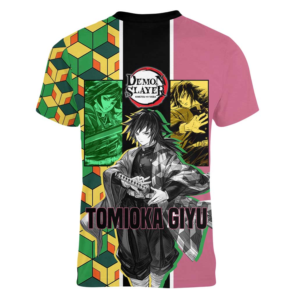 Giyu Tomioka from Demon Slayer Women V-Neck T-Shirt with Geometric Pattern Sleeve and Pink and Black Manga Panel Design - The Mazicc