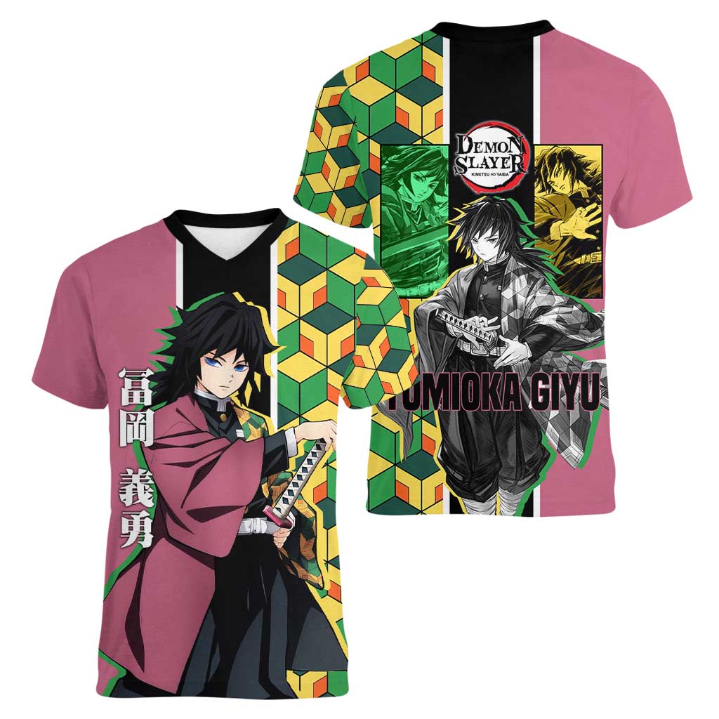 Giyu Tomioka from Demon Slayer Women V-Neck T-Shirt with Geometric Pattern Sleeve and Pink and Black Manga Panel Design - The Mazicc