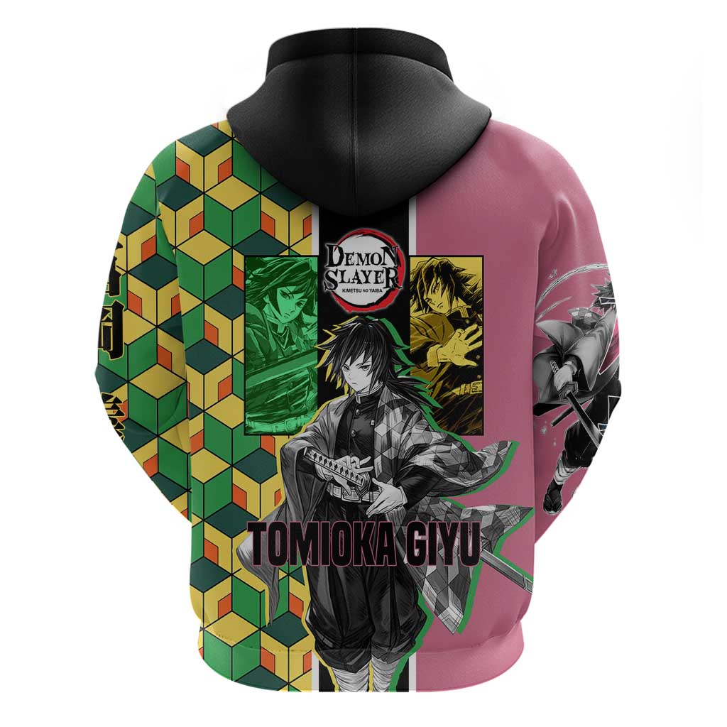 Giyu Tomioka from Demon Slayer Zip Hoodie with Geometric Pattern Sleeve and Pink and Black Manga Panel Design - The Mazicc