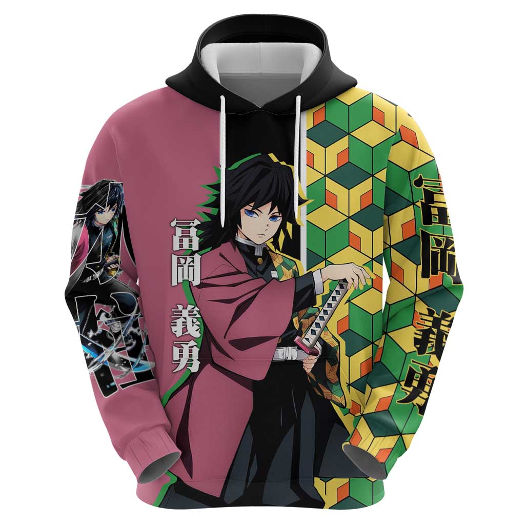 Giyu Tomioka from Demon Slayer Zip Hoodie with Geometric Pattern Sleeve and Pink and Black Manga Panel Design - The Mazicc