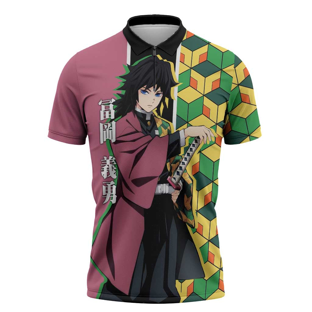 Giyu Tomioka from Demon Slayer Zipper Polo Shirt with Geometric Pattern Sleeve and Pink and Black Manga Panel Design - The Mazicc