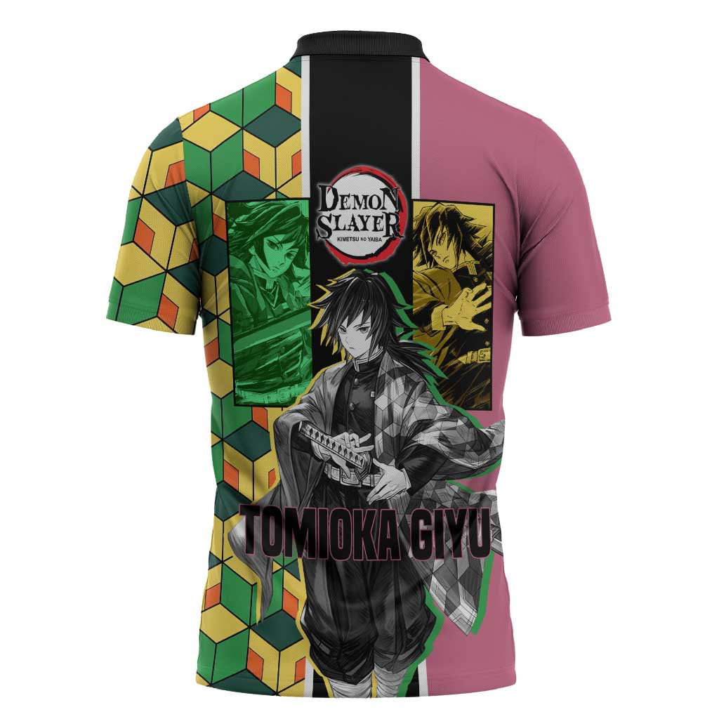 Giyu Tomioka from Demon Slayer Zipper Polo Shirt with Geometric Pattern Sleeve and Pink and Black Manga Panel Design - The Mazicc