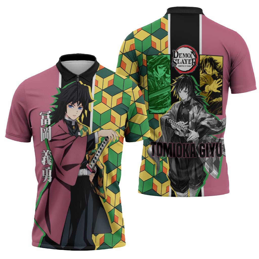 Giyu Tomioka from Demon Slayer Zipper Polo Shirt with Geometric Pattern Sleeve and Pink and Black Manga Panel Design - The Mazicc