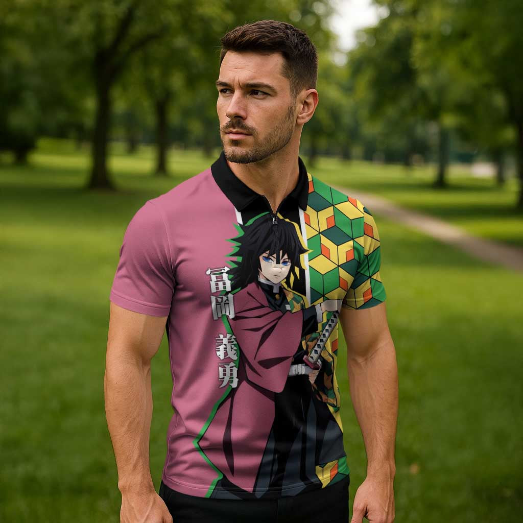 Giyu Tomioka from Demon Slayer Zipper Polo Shirt with Geometric Pattern Sleeve and Pink and Black Manga Panel Design - The Mazicc