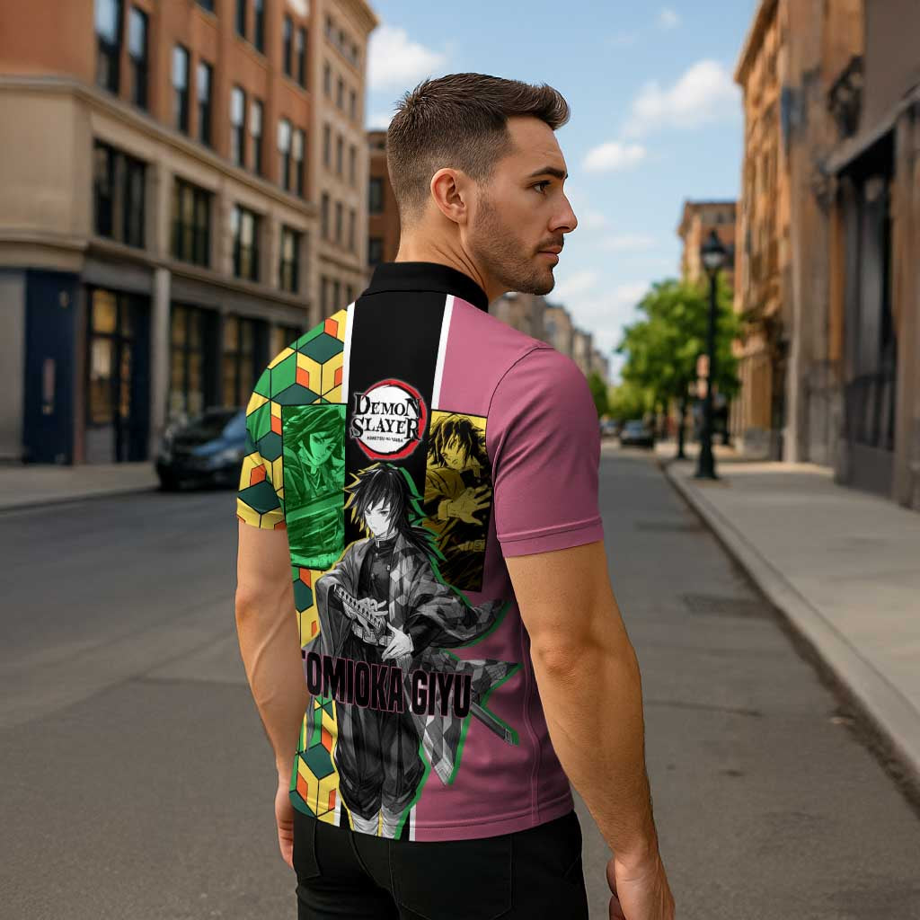 Giyu Tomioka from Demon Slayer Zipper Polo Shirt with Geometric Pattern Sleeve and Pink and Black Manga Panel Design - The Mazicc
