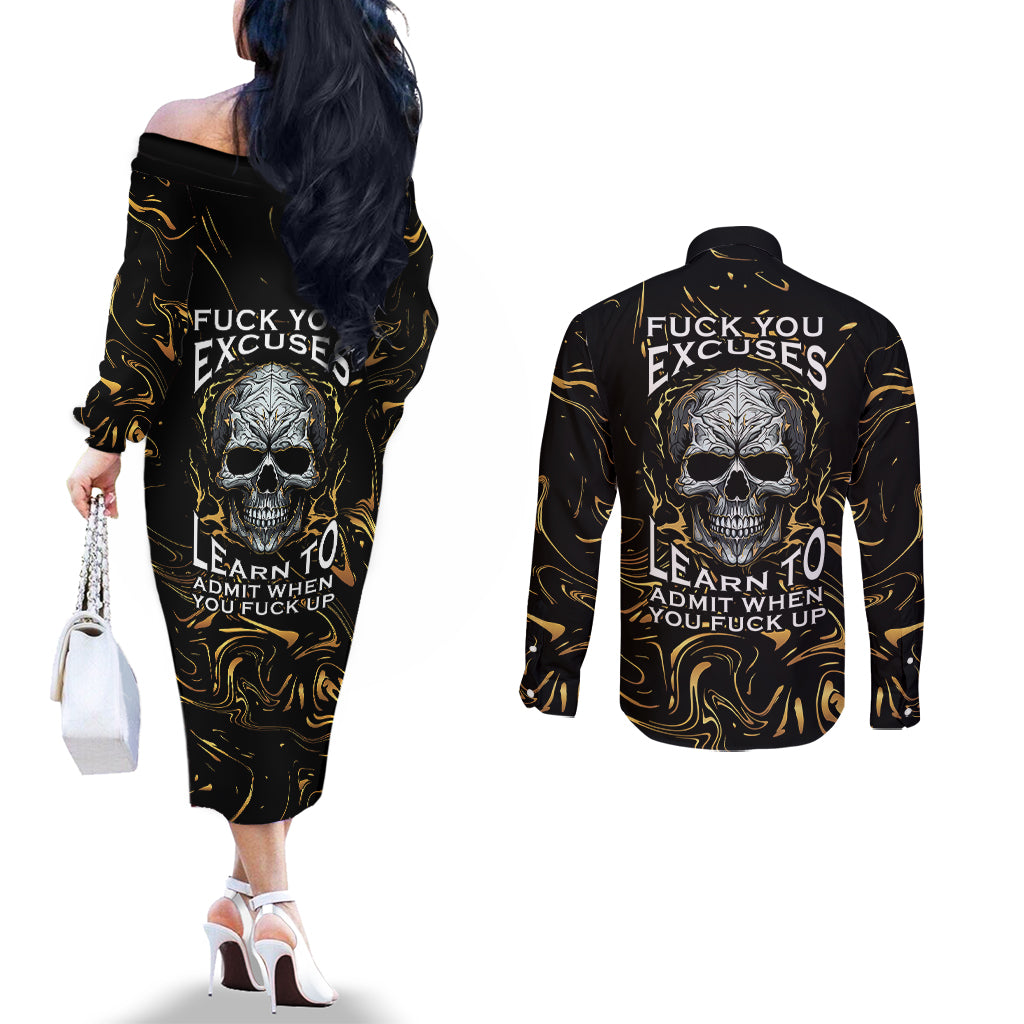 skull-mable-golden-abstract-art-couples-matching-off-the-shoulder-long-sleeve-dress-and-long-sleeve-button-shirts-fuck-you-excuses-learn-to-admit-when-you-fuck-up