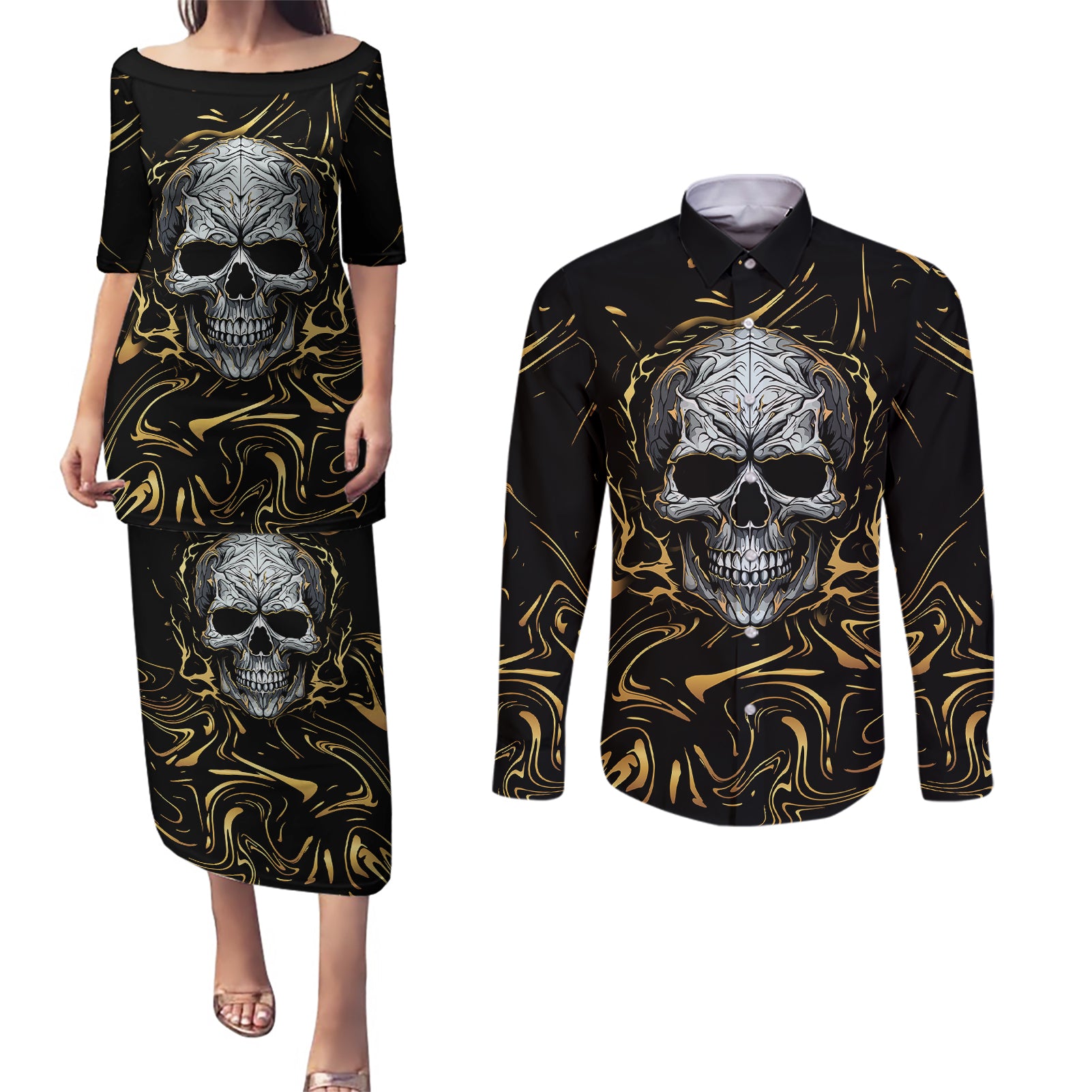 skull-mable-golden-abstract-art-couples-matching-puletasi-dress-and-long-sleeve-button-shirts-fuck-you-excuses-learn-to-admit-when-you-fuck-up