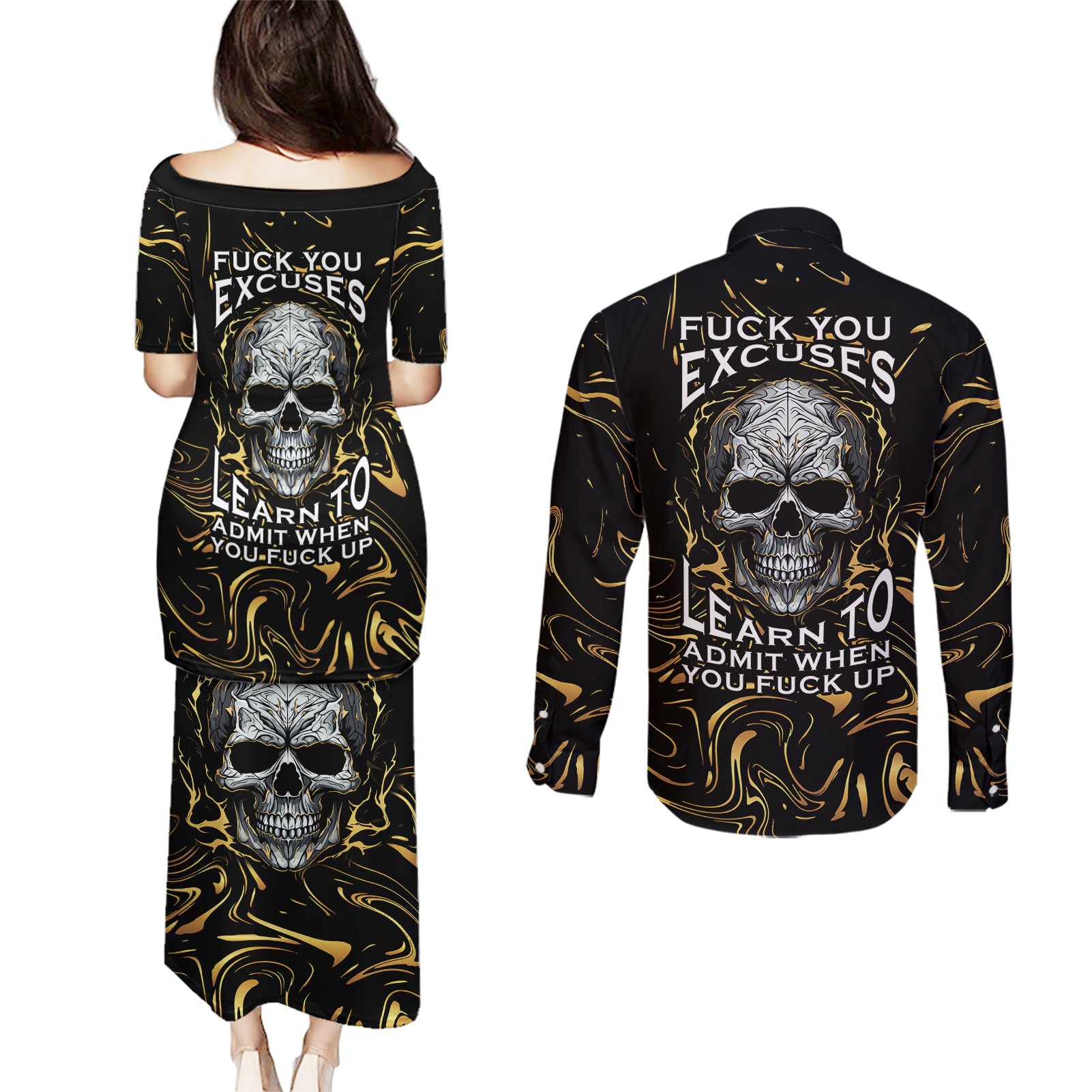 skull-mable-golden-abstract-art-couples-matching-puletasi-dress-and-long-sleeve-button-shirts-fuck-you-excuses-learn-to-admit-when-you-fuck-up