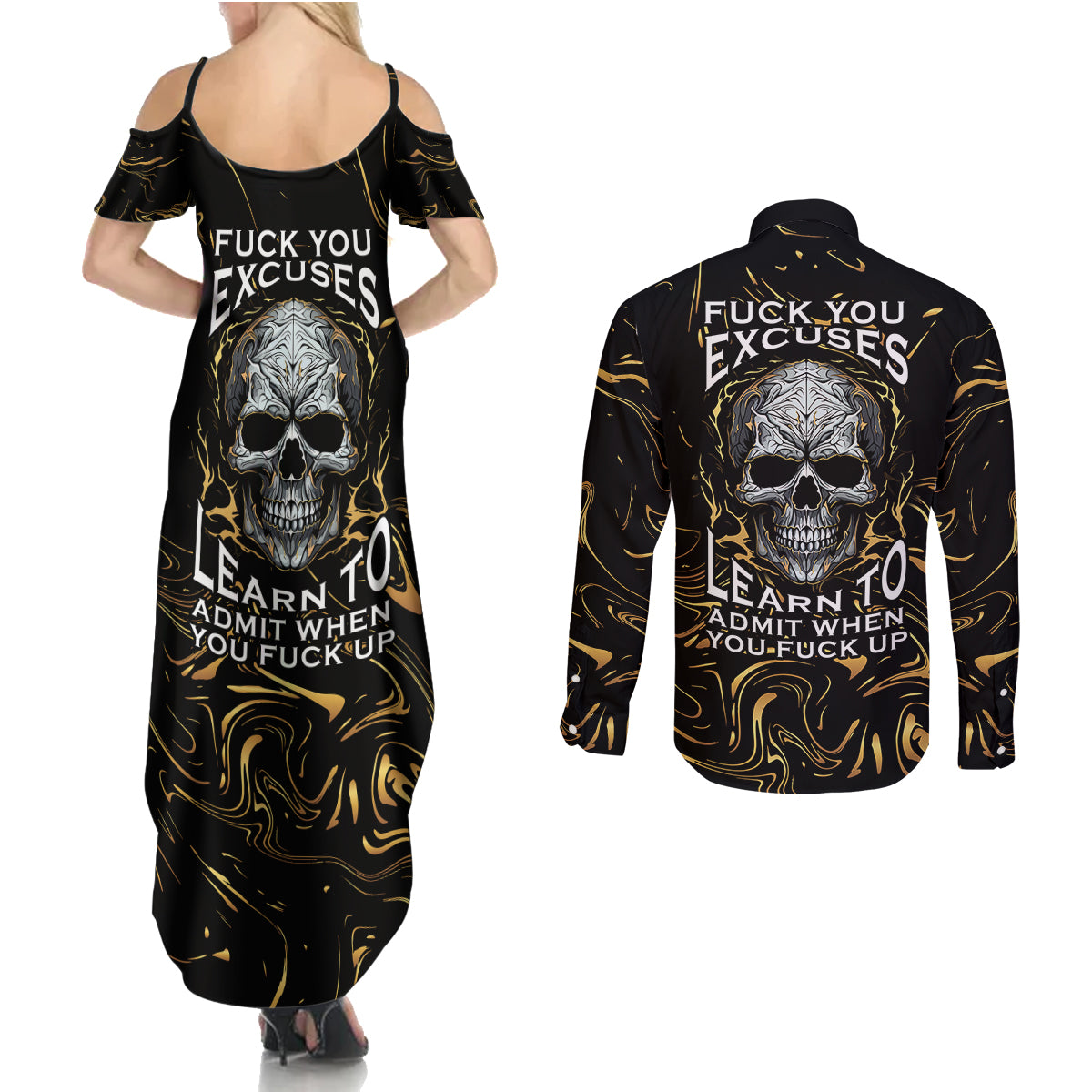 skull-mable-golden-abstract-art-couples-matching-summer-maxi-dress-and-long-sleeve-button-shirts-fuck-you-excuses-learn-to-admit-when-you-fuck-up