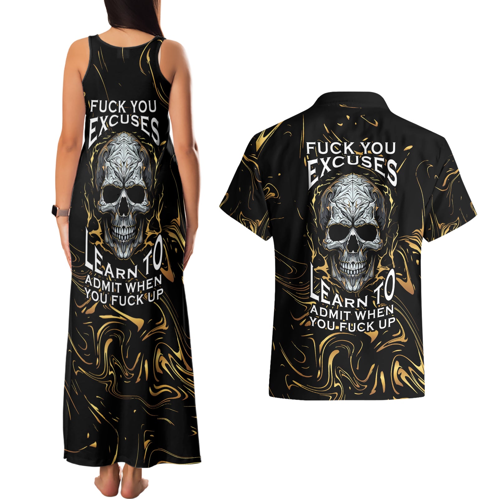skull-mable-golden-abstract-art-couples-matching-tank-maxi-dress-and-hawaiian-shirt-fuck-you-excuses-learn-to-admit-when-you-fuck-up