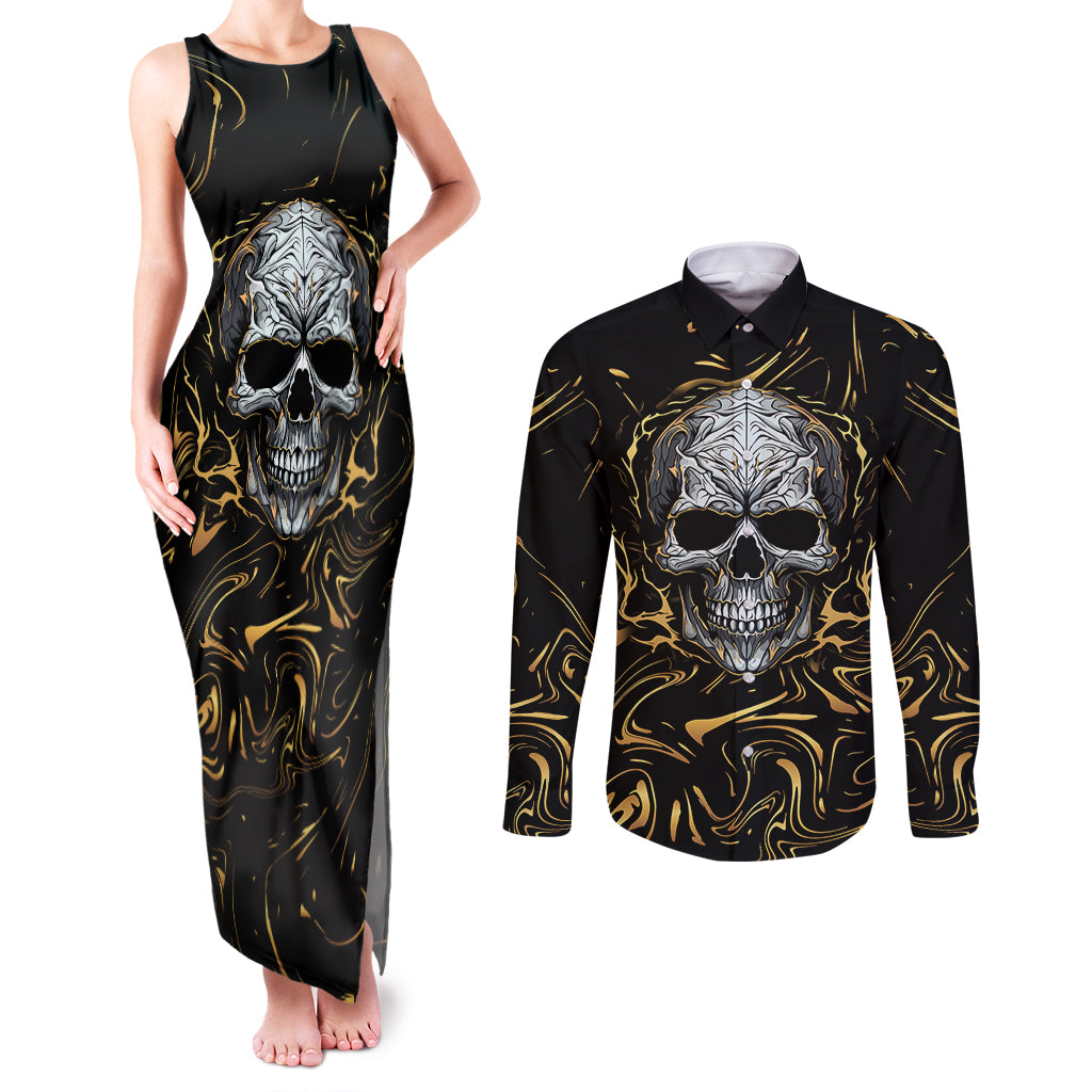 skull-mable-golden-abstract-art-couples-matching-tank-maxi-dress-and-long-sleeve-button-shirts-fuck-you-excuses-learn-to-admit-when-you-fuck-up