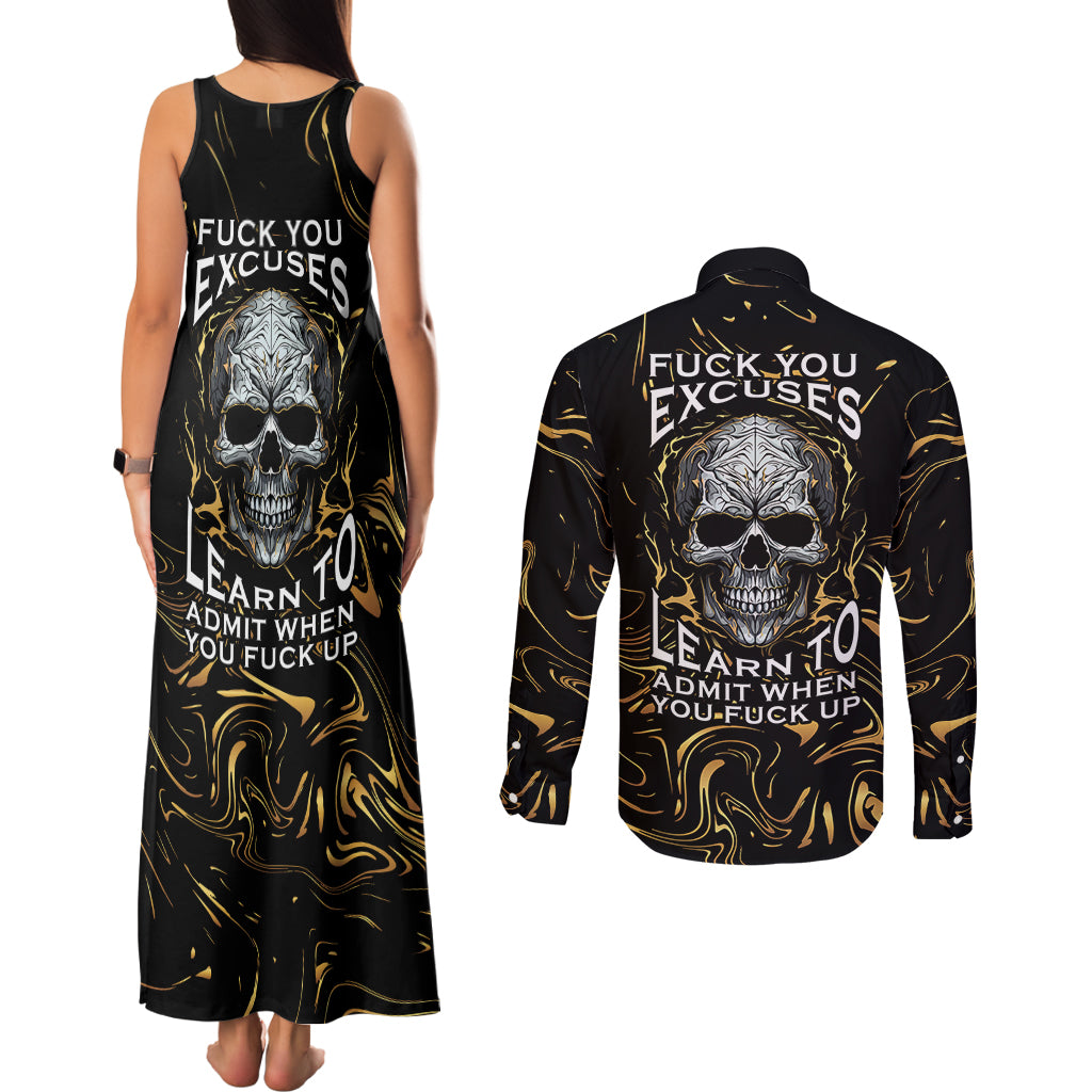 skull-mable-golden-abstract-art-couples-matching-tank-maxi-dress-and-long-sleeve-button-shirts-fuck-you-excuses-learn-to-admit-when-you-fuck-up