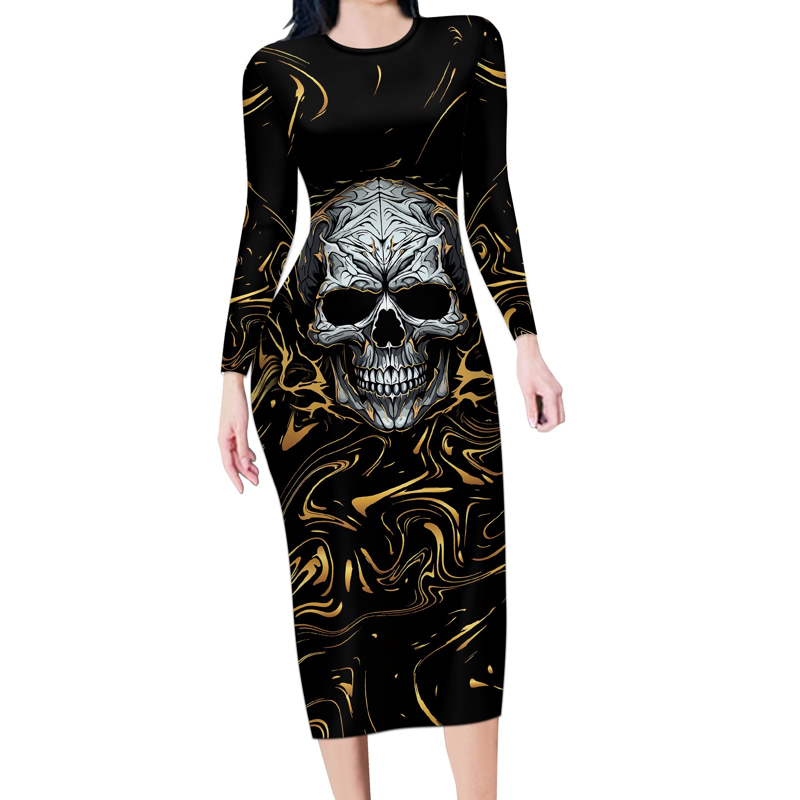skull-mable-golden-abstract-art-long-sleeve-bodycon-dress-fuck-you-excuses-learn-to-admit-when-you-fuck-up