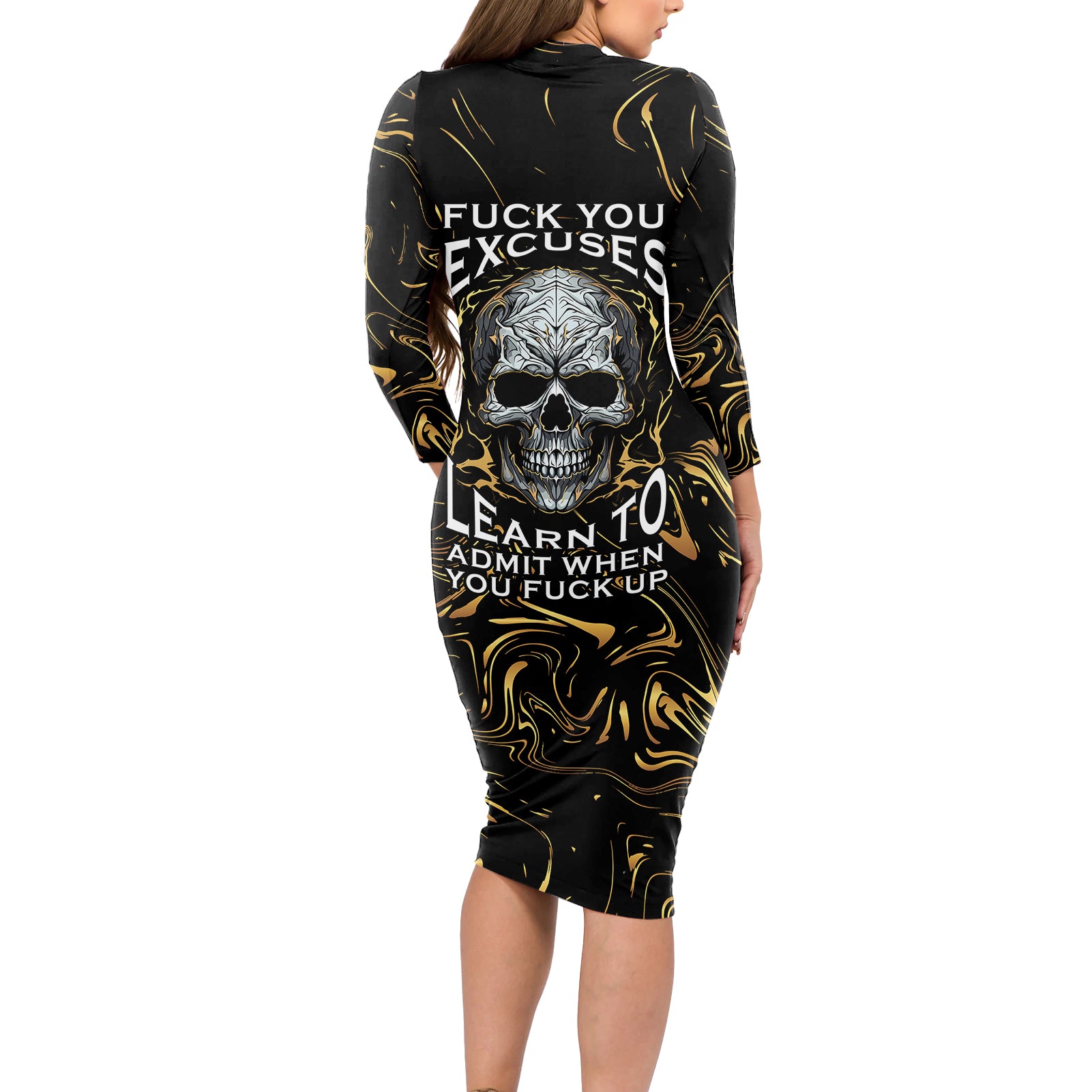 skull-mable-golden-abstract-art-long-sleeve-bodycon-dress-fuck-you-excuses-learn-to-admit-when-you-fuck-up