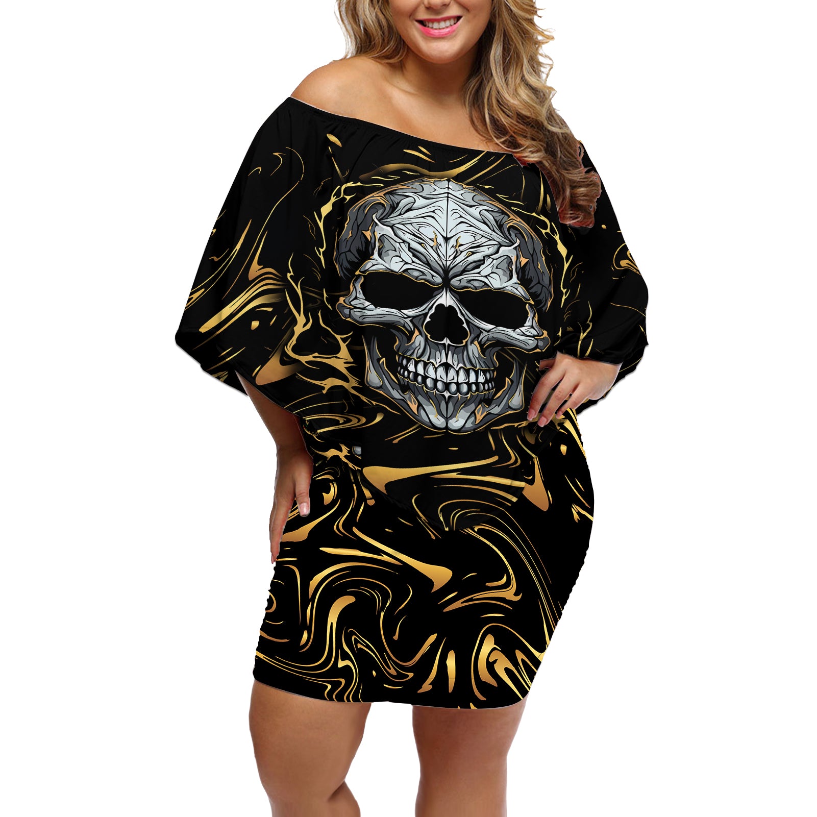 skull-mable-golden-abstract-art-off-shoulder-short-dress-fuck-you-excuses-learn-to-admit-when-you-fuck-up