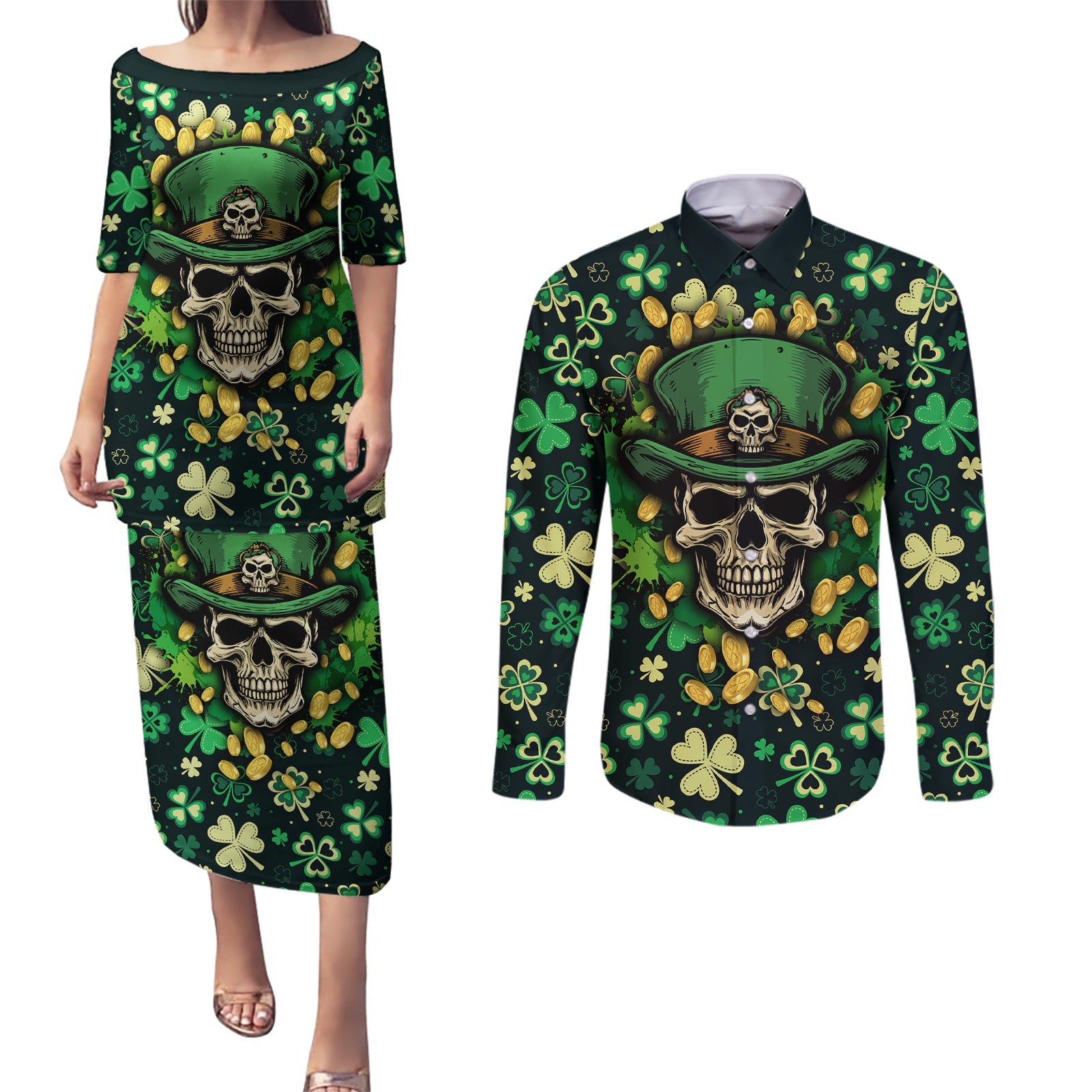 skull-and-shamrock-leaf-pattern-couples-matching-puletasi-dress-and-long-sleeve-button-shirts-good-luck