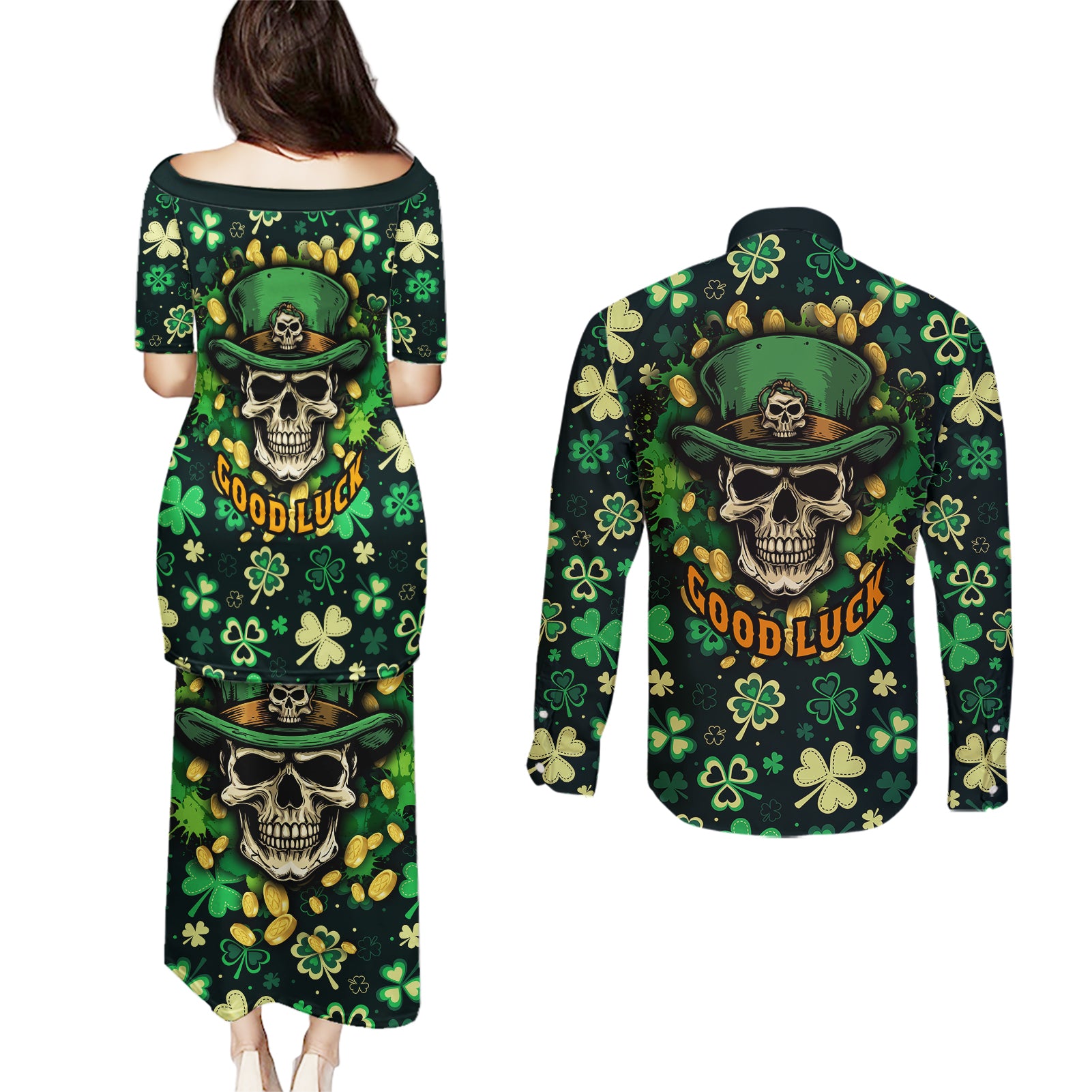 skull-and-shamrock-leaf-pattern-couples-matching-puletasi-dress-and-long-sleeve-button-shirts-good-luck