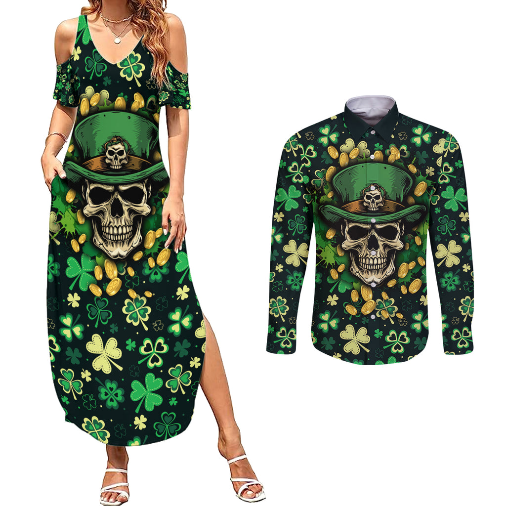 skull-and-shamrock-leaf-pattern-couples-matching-summer-maxi-dress-and-long-sleeve-button-shirts-good-luck