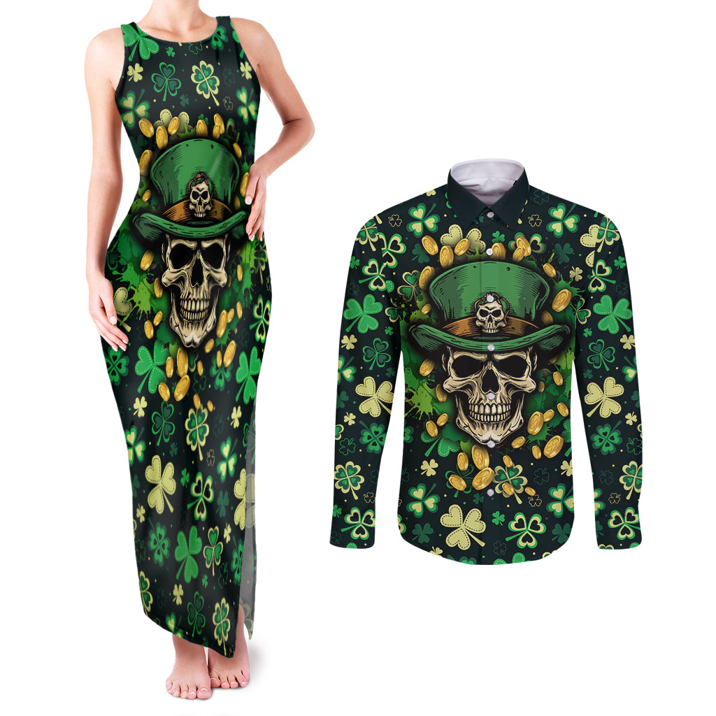 skull-and-shamrock-leaf-pattern-couples-matching-tank-maxi-dress-and-long-sleeve-button-shirts-good-luck
