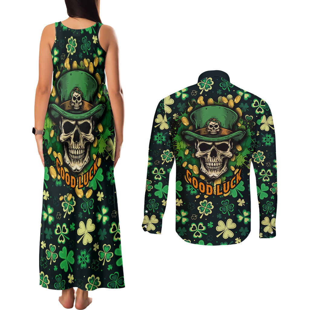 skull-and-shamrock-leaf-pattern-couples-matching-tank-maxi-dress-and-long-sleeve-button-shirts-good-luck