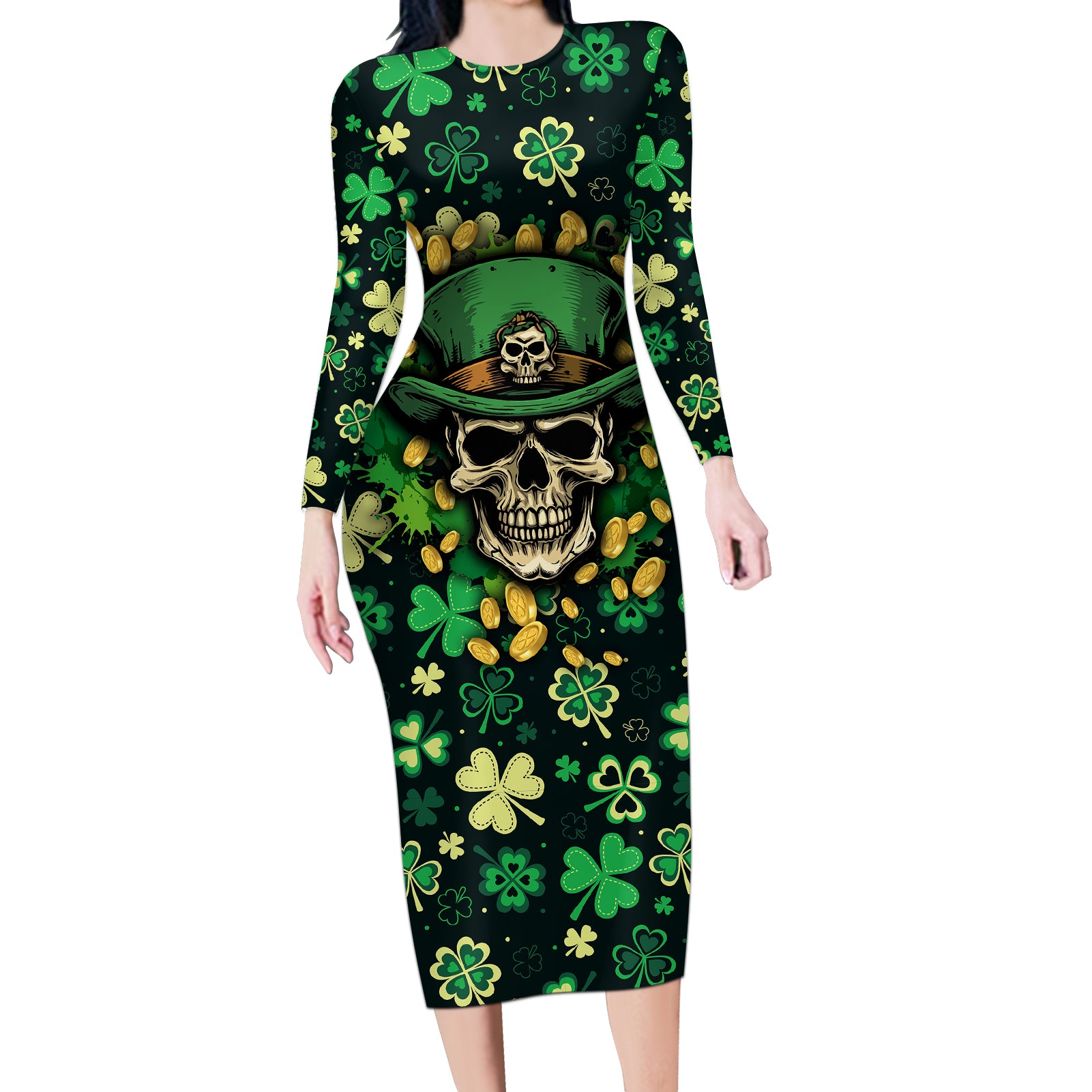 skull-and-shamrock-leaf-pattern-long-sleeve-bodycon-dress-good-luck