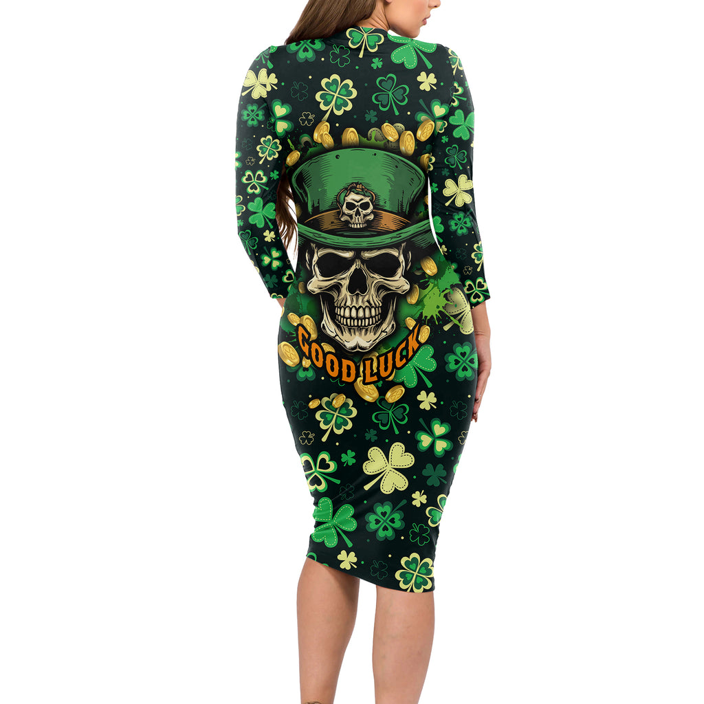 skull-and-shamrock-leaf-pattern-long-sleeve-bodycon-dress-good-luck