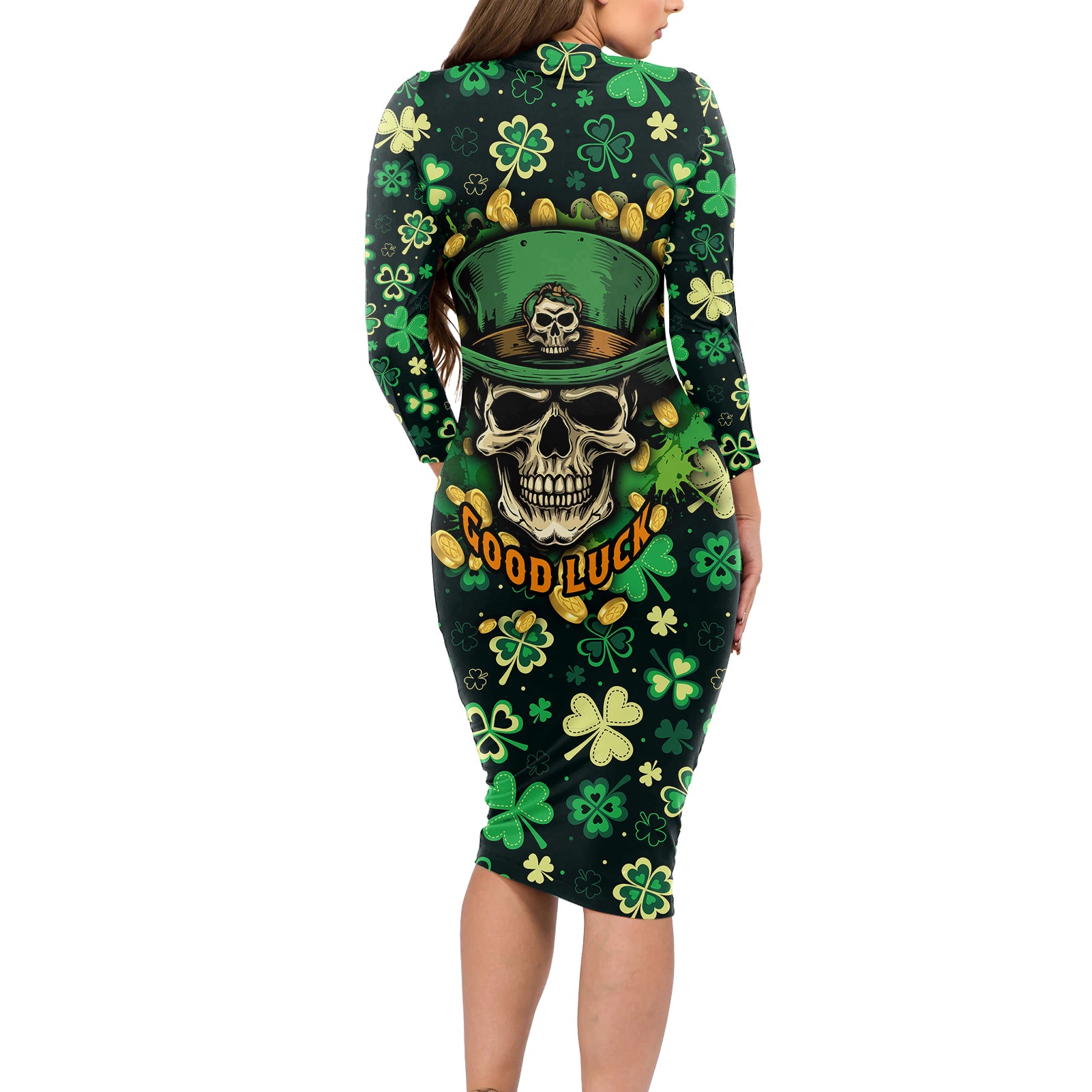 skull-and-shamrock-leaf-pattern-long-sleeve-bodycon-dress-good-luck