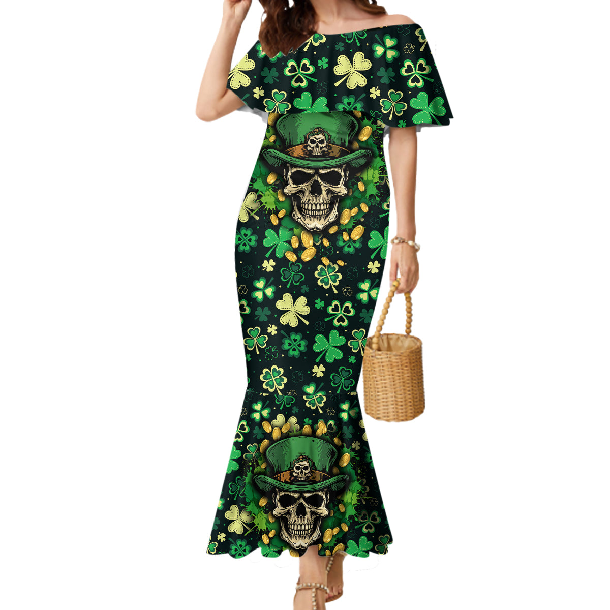 skull-and-shamrock-leaf-pattern-mermaid-dress-good-luck