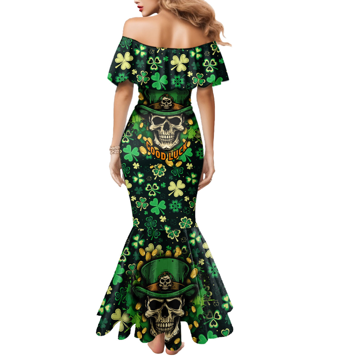 skull-and-shamrock-leaf-pattern-mermaid-dress-good-luck