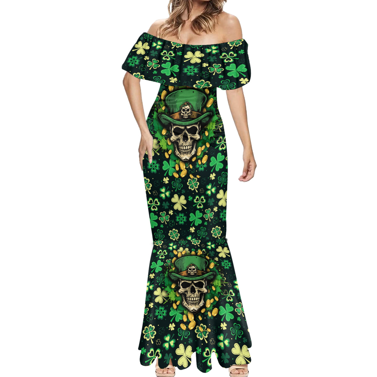 skull-and-shamrock-leaf-pattern-mermaid-dress-good-luck