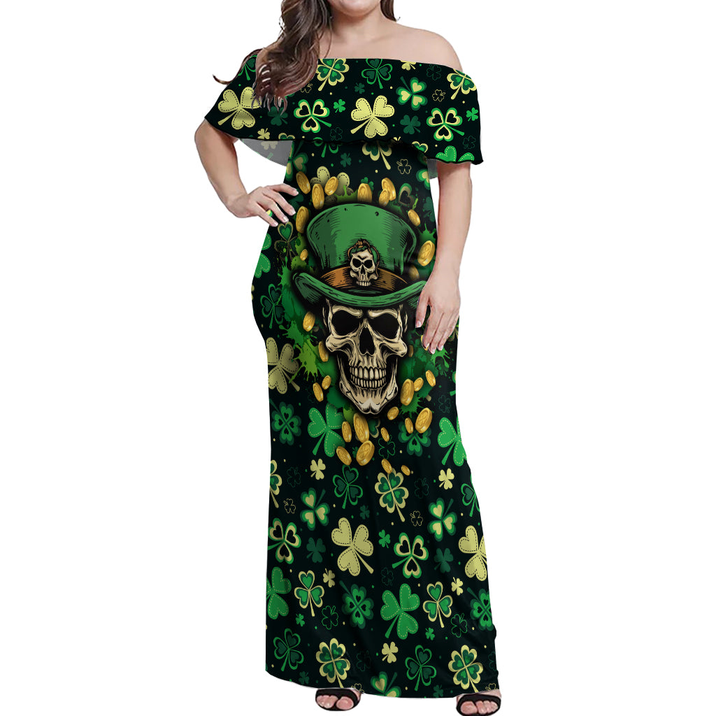 skull-and-shamrock-leaf-pattern-off-shoulder-maxi-dress-good-luck