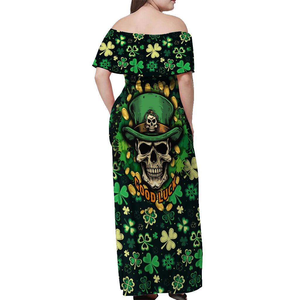 skull-and-shamrock-leaf-pattern-off-shoulder-maxi-dress-good-luck
