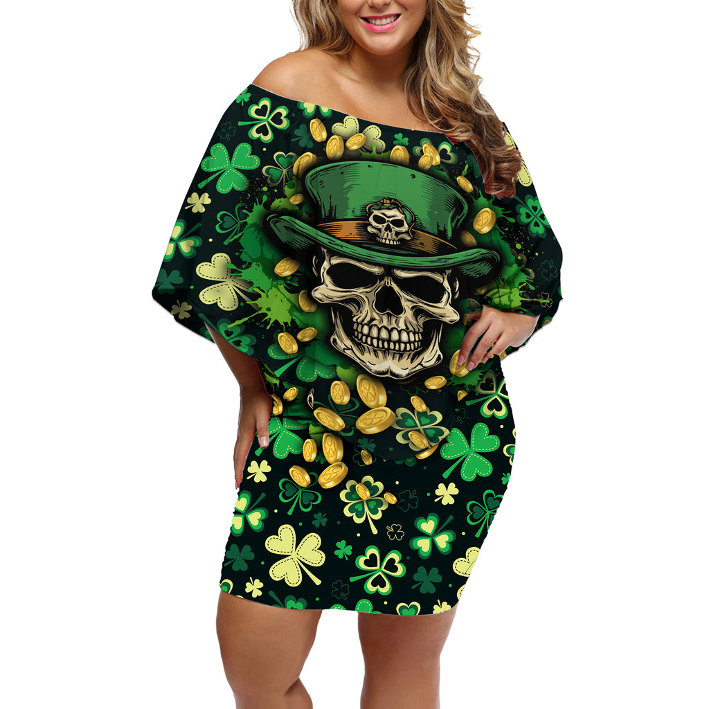 skull-and-shamrock-leaf-pattern-off-shoulder-short-dress-good-luck