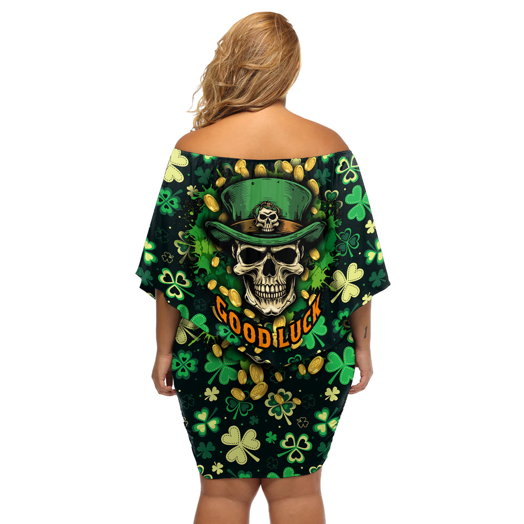 skull-and-shamrock-leaf-pattern-off-shoulder-short-dress-good-luck