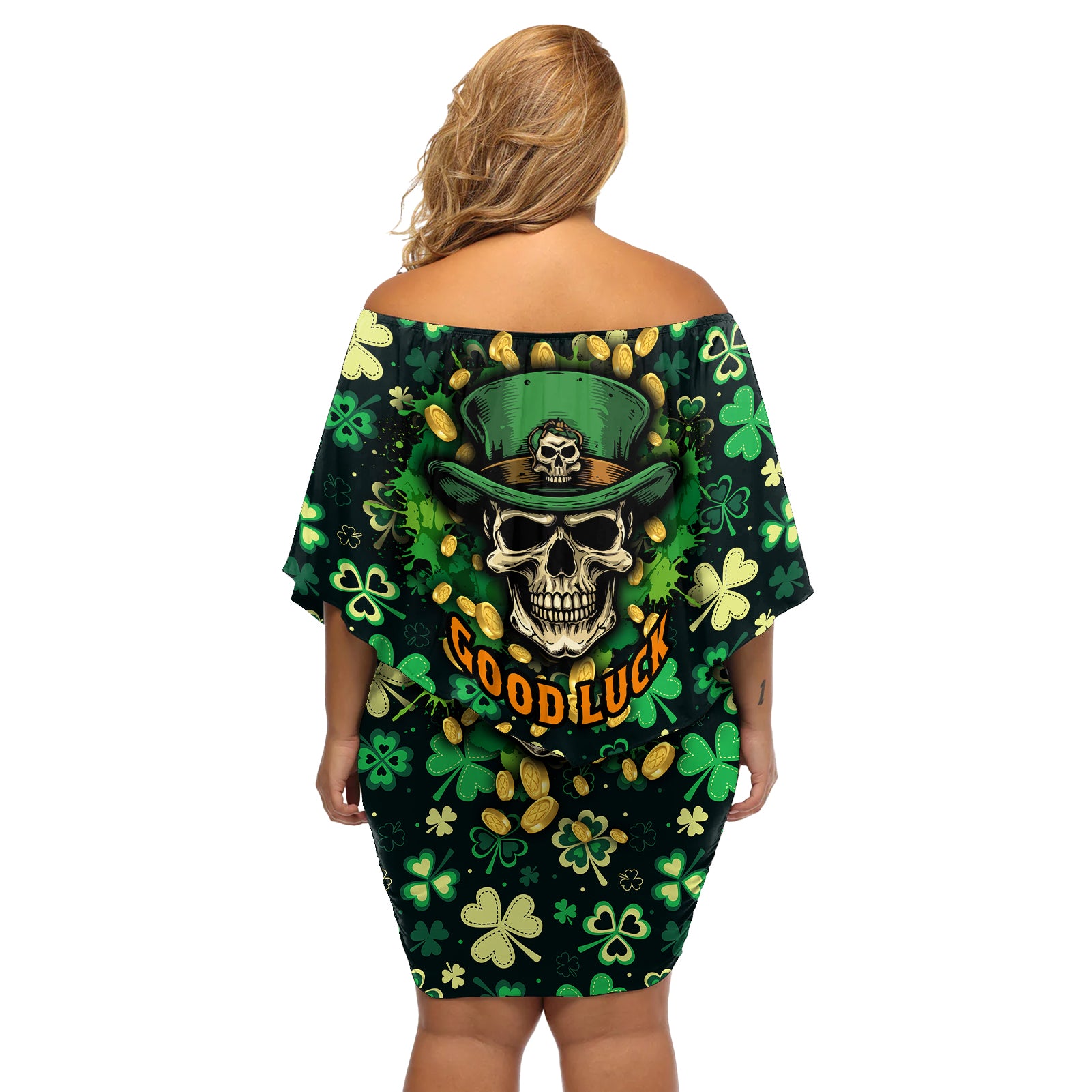 skull-and-shamrock-leaf-pattern-off-shoulder-short-dress-good-luck
