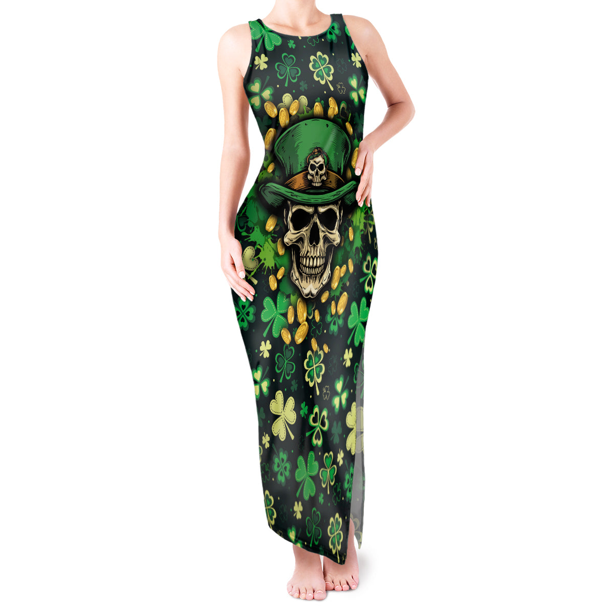 skull-and-shamrock-leaf-pattern-tank-maxi-dress-good-luck