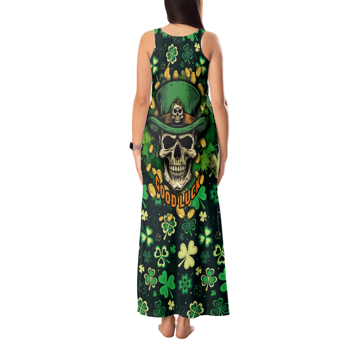 skull-and-shamrock-leaf-pattern-tank-maxi-dress-good-luck