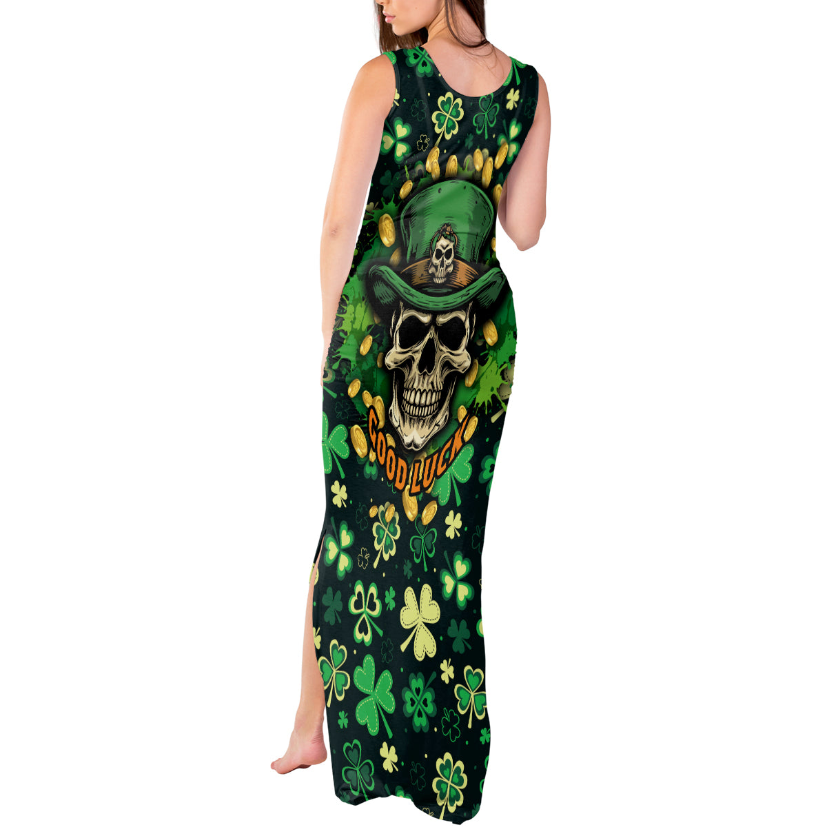 skull-and-shamrock-leaf-pattern-tank-maxi-dress-good-luck