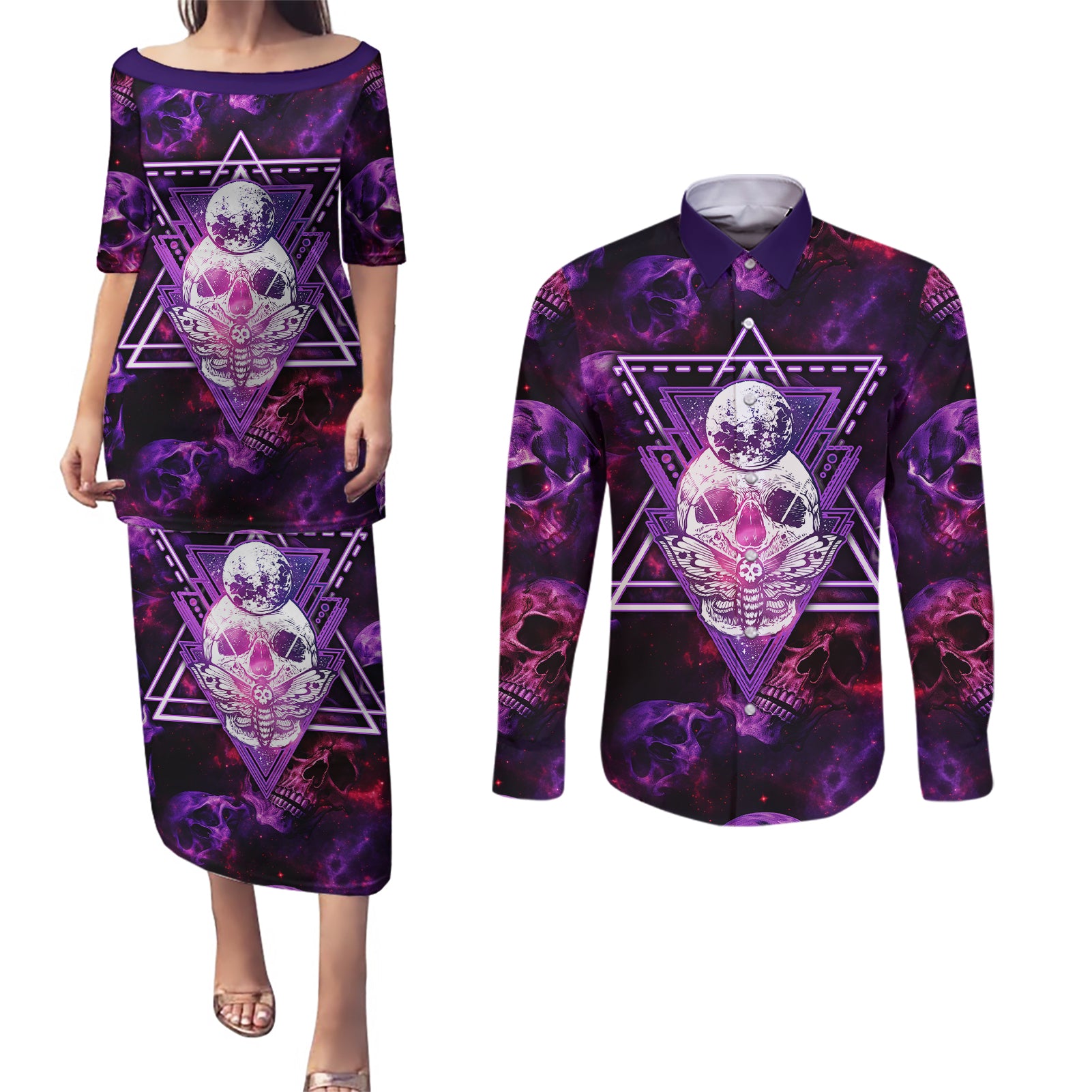 skull-and-moth-couples-matching-puletasi-dress-and-long-sleeve-button-shirts-fantasy-cosmic-abstract-grunge-purple-art